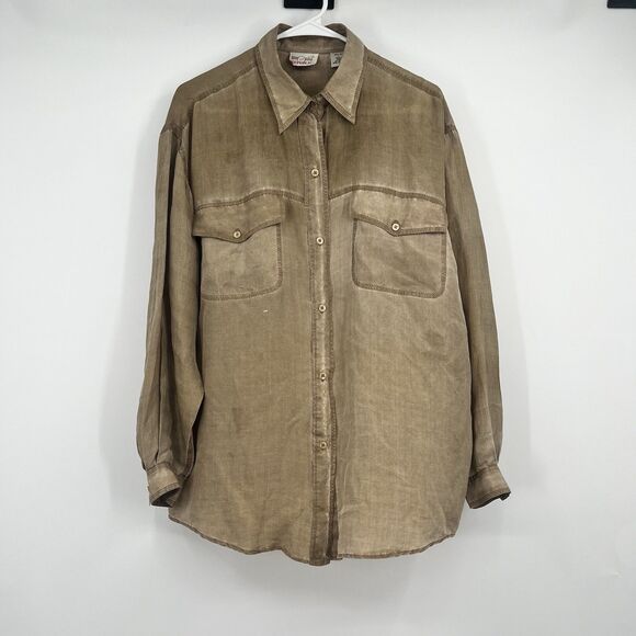 Republic Denim Womens L 100% Silk Blouse LS Tan Brown Distressed Boho Festival - Picture 1 of 10